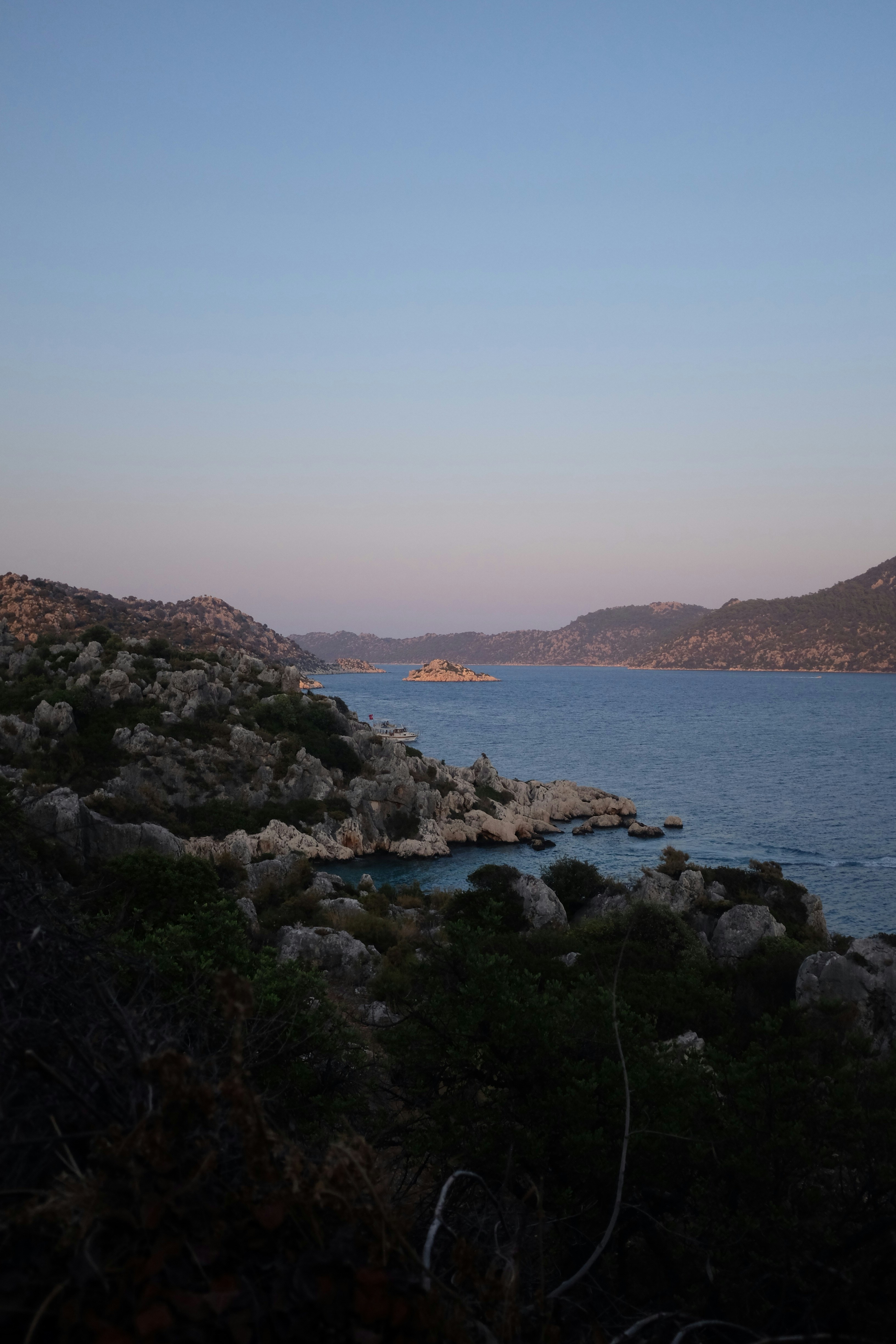 A large lake or fjord surrounded by mountains