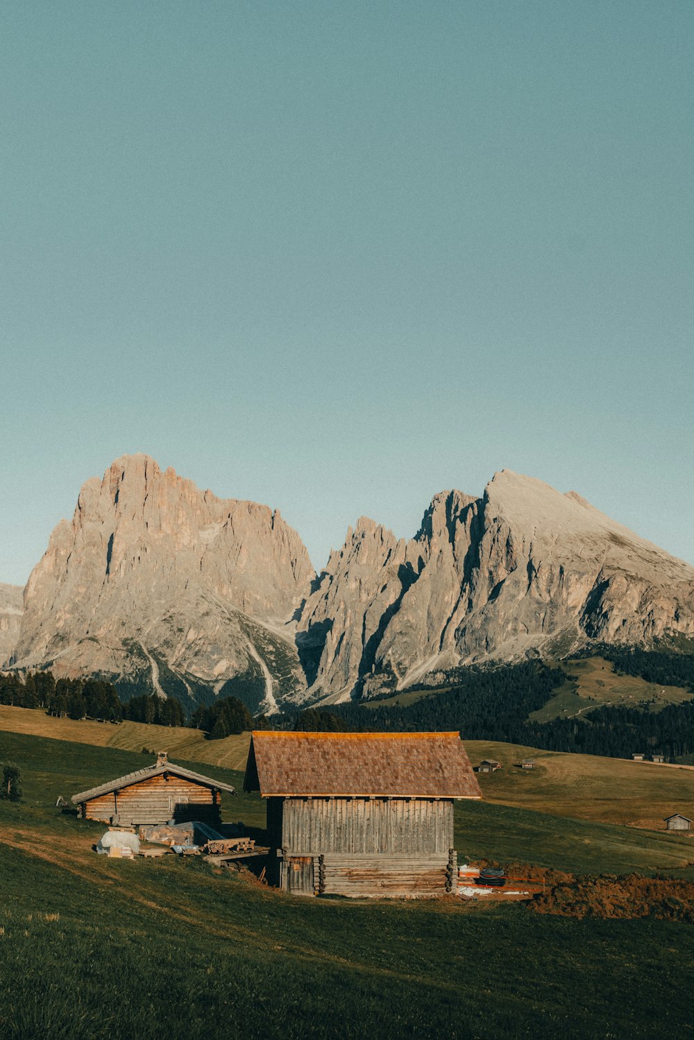 a barn in a field with mountains in the background