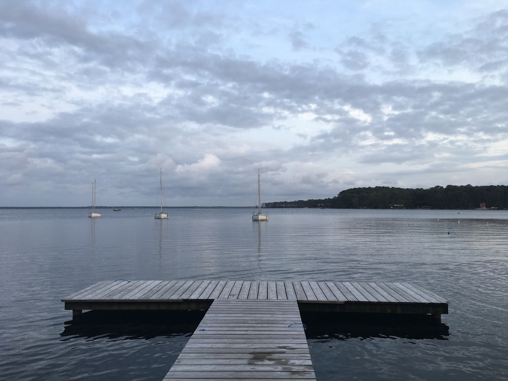 a wooden dock sitting in the middle of a lake