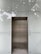 An elevator with metallic doors is set into a modern exterior with frosted glass panels. The reflection of surrounding trees and a building is faintly visible on the glass, giving a somewhat ethereal appearance.
