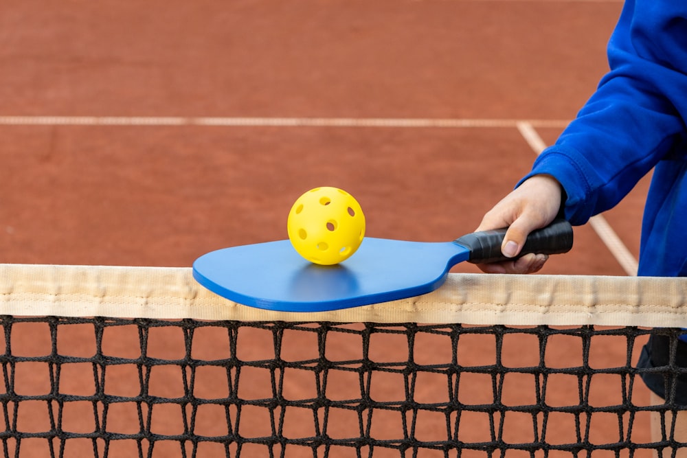 a person holding a tennis racket and a ball on a tennis court