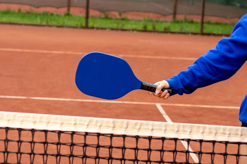 A person wearing a blue long-sleeve shirt holds a blue pickleball paddle over a net on a clay court.