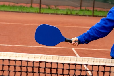 A person wearing a blue long-sleeve shirt holds a blue pickleball paddle over a net on a clay court.
