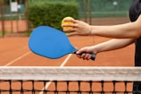 A person holding a blue paddle and a yellow pickleball over a tennis court's net. The court surface is orange clay, and there is greenery in the background.