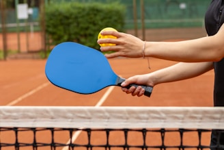 A person holding a blue paddle and a yellow pickleball over a tennis court's net. The court surface is orange clay, and there is greenery in the background.