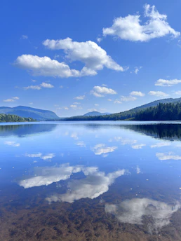 A calm lake reflecting a clear sky, evoking peace and quality of life.