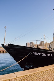 A large black boat with the name 'Navigator' is moored by a cobblestone dock. The clear blue sky stretches above, and a seagull perches on a wooden pole extending from the boat. Modern architectural buildings and cranes can be seen in the distant background across the water.