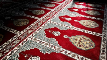 Intricate red carpet with elaborate patterns, including floral and geometric designs. The carpet is divided into sections, each featuring a central motif surrounded by detailed border elements. Sunlight casts shadows across parts of the carpet, enhancing the texture and depth of the design.