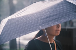 A rainy day scene with a user enjoying an Aurora umbrella.