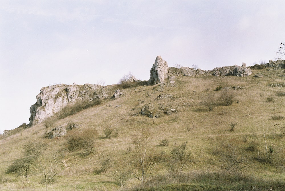a grassy hill with a rock formation on top of it