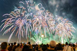 A spectacular sky show with multi-colored fireworks bursting in patterns above a large crowd.