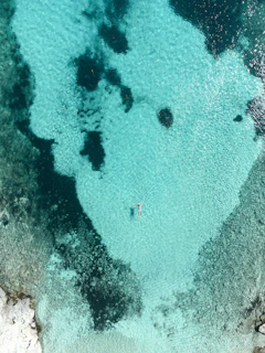 The serene waters of the Dead Sea with salt formations and a person floating effortlessly.