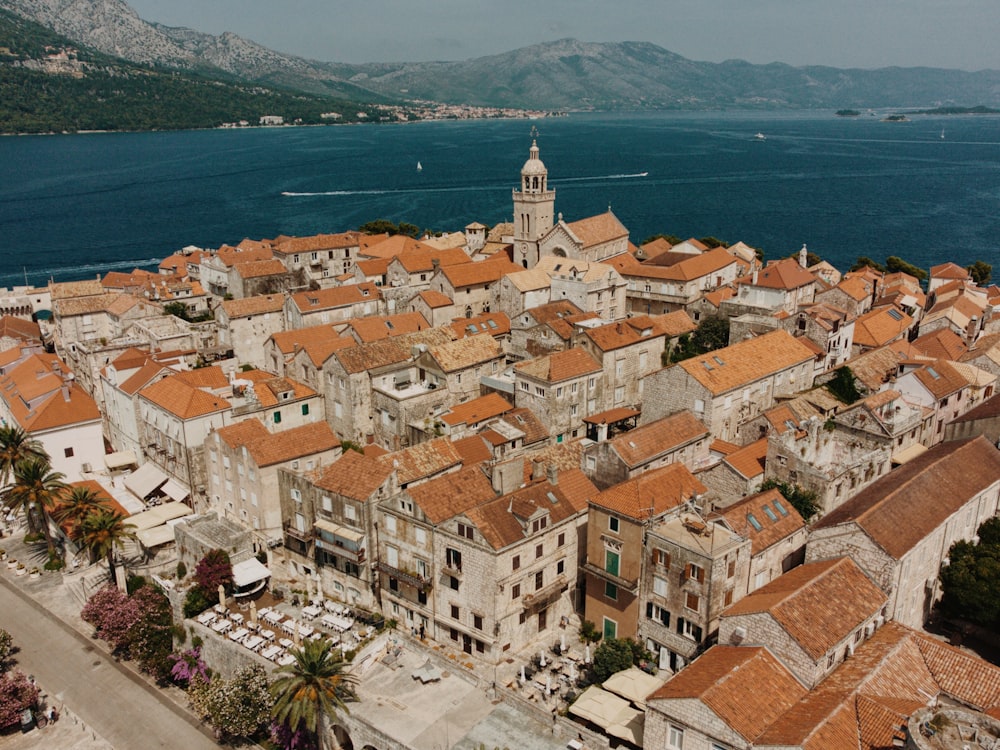 an aerial view of a city with a large body of water in the background