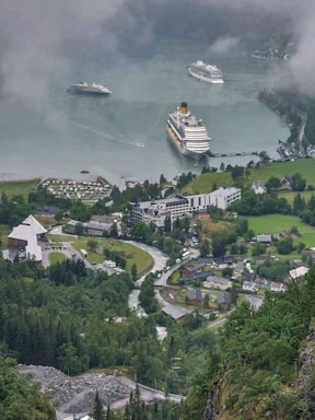 Cruise ships are navigating through a narrow fjord, surrounded by mist-covered mountains and green landscapes. A small village with scattered houses and buildings can be seen in the foreground, with verdant trees and roads winding through the area.