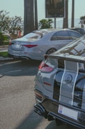 A scene featuring two high-end luxury cars parked on a street next to palm trees. The foreground car has a distinctive black and gray stripe design with the logo 'Brabus' and a Monaco license plate. The background car is white, with sleek design and tinted windows. The setting appears sunny, with greenery and a billboard visible.