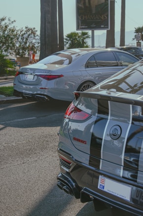 A scene featuring two high-end luxury cars parked on a street next to palm trees. The foreground car has a distinctive black and gray stripe design with the logo 'Brabus' and a Monaco license plate. The background car is white, with sleek design and tinted windows. The setting appears sunny, with greenery and a billboard visible.