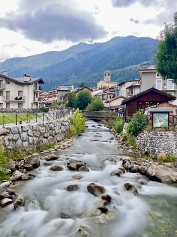 A picturesque mountain village with a flowing river lined by stones and houses. Quaint buildings with rustic architecture are set against a backdrop of lush green hills and a cloudy sky. A small stone bridge crosses the river, adding to the serene and idyllic setting.
