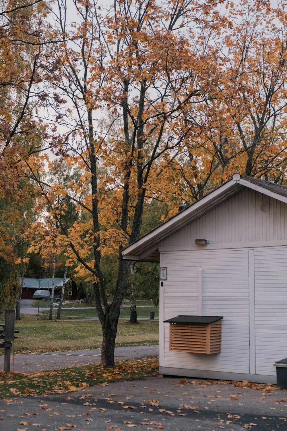 a white building with a wooden bench in front of it