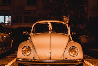 Classic Volkswagen Beetle shining under vintage neon lights at Duke's air cooled meet.