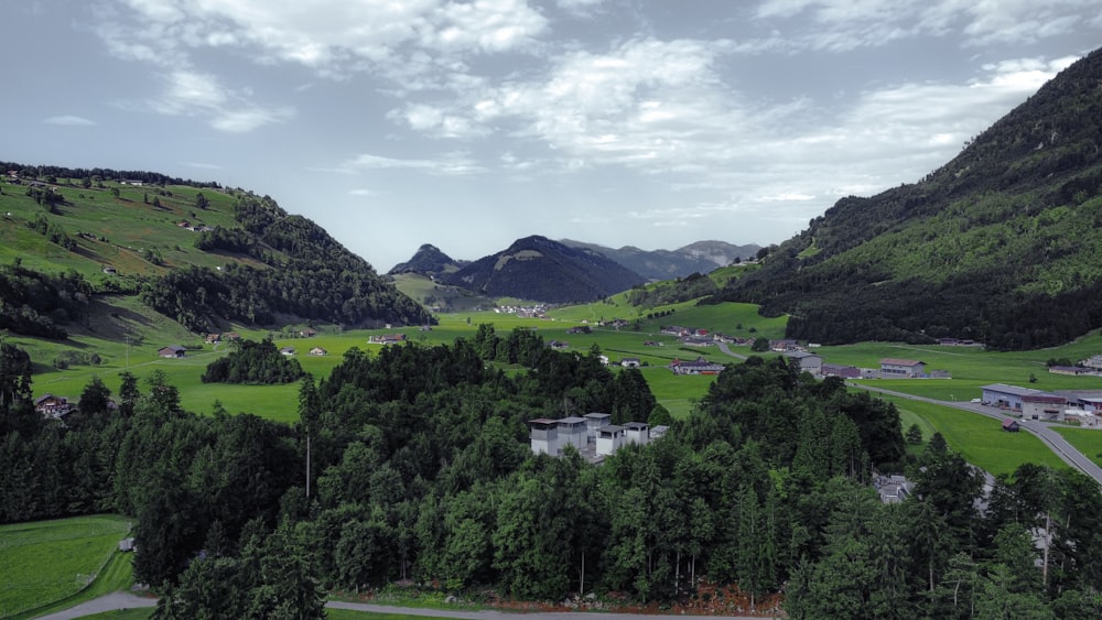 a scenic view of a green valley with mountains in the background