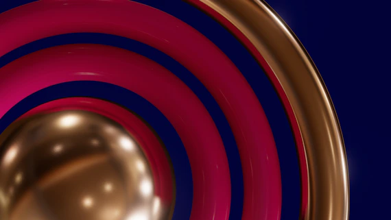 a gold and red object with a blue background
