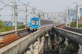 A blue and silver metro train travels on an elevated railway track with multiple power lines and poles parallel to it. The train is surrounded by urban city infrastructure, including buildings and greenery below the tracks. In the background, the skyline of high-rise buildings is visible.