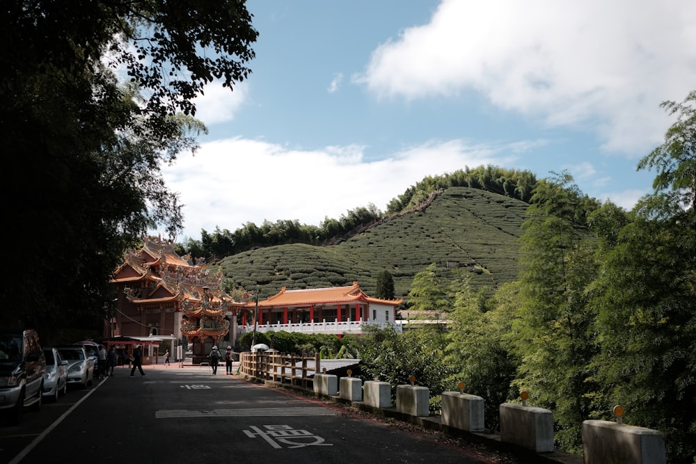 a street with a hill in the background