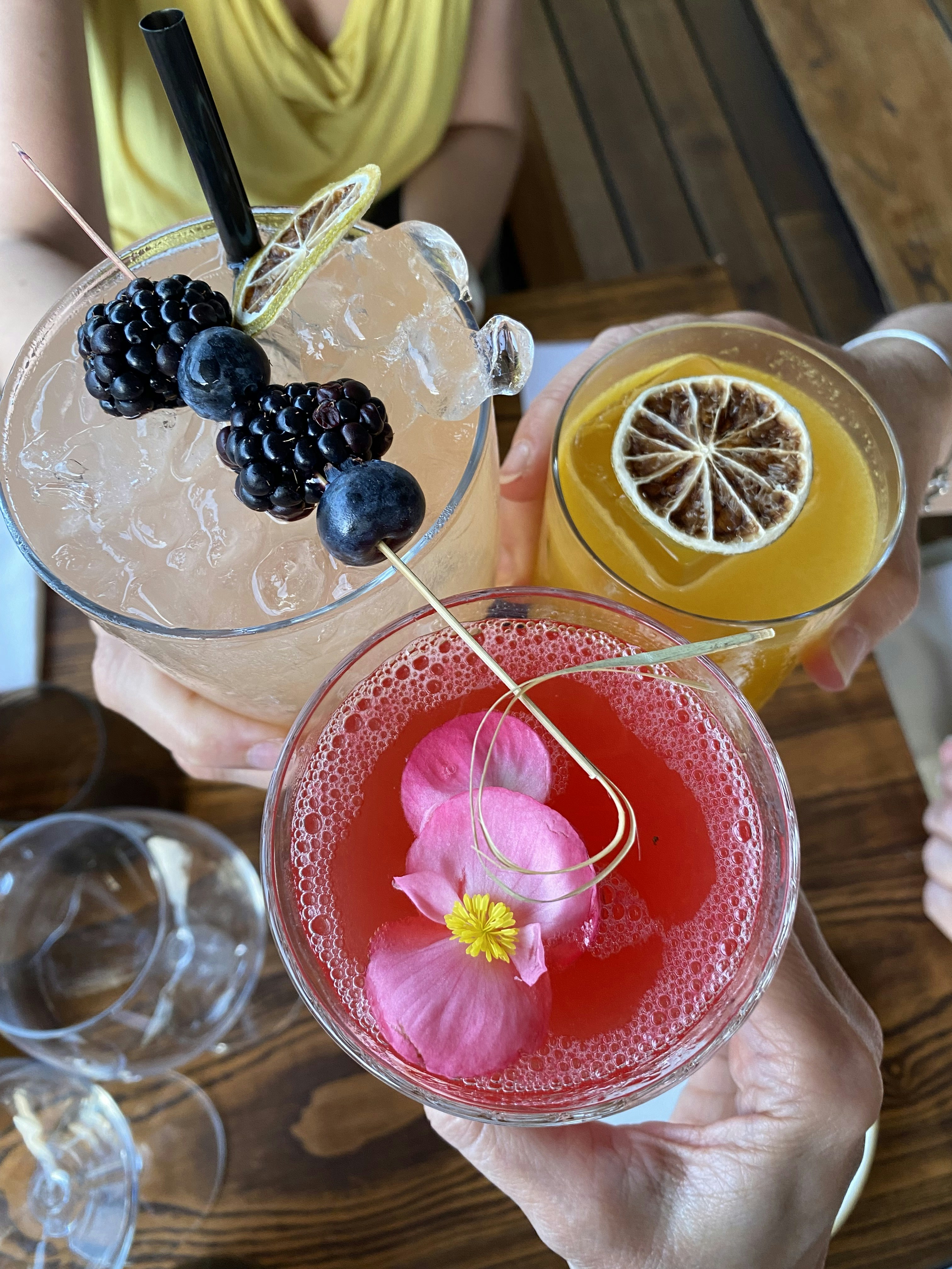Three elegantly presented cocktails held by different hands. The first cocktail is a light pink color, garnished with blackberries and a lemon twist. The second drink is a vibrant orange hue, topped with a dried citrus slice. The third glass contains a deep pink liquid adorned with flower petals.