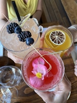 Three elegantly presented cocktails held by different hands. The first cocktail is a light pink color, garnished with blackberries and a lemon twist. The second drink is a vibrant orange hue, topped with a dried citrus slice. The third glass contains a deep pink liquid adorned with flower petals.