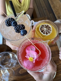 Three elegantly presented cocktails held by different hands. The first cocktail is a light pink color, garnished with blackberries and a lemon twist. The second drink is a vibrant orange hue, topped with a dried citrus slice. The third glass contains a deep pink liquid adorned with flower petals.