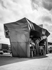 A striking view of the Fiat Tagliero service station shaped like an airplane in Asmara.