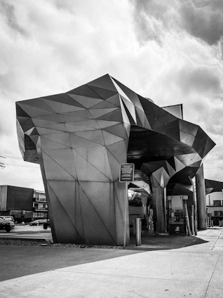 A striking view of the Fiat Tagliero service station shaped like an airplane in Asmara.