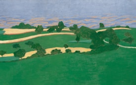 A stylized landscape consisting of rolling green hills interspersed with clusters of dark green trees. The scene is simplistic and captures a gentle, serene countryside with undulating paths and fields under a wide blue sky, dotted with hints of ochre clouds.