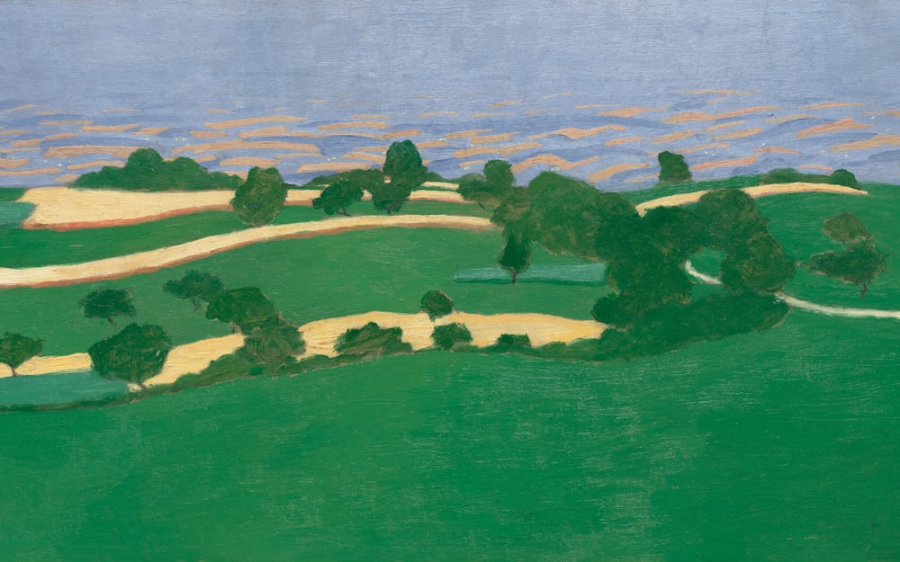 a painting of a green landscape with trees