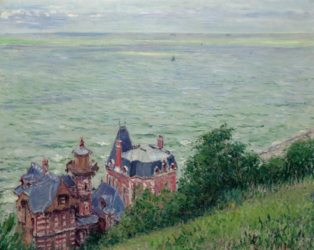 a painting of a house on a cliff overlooking the ocean