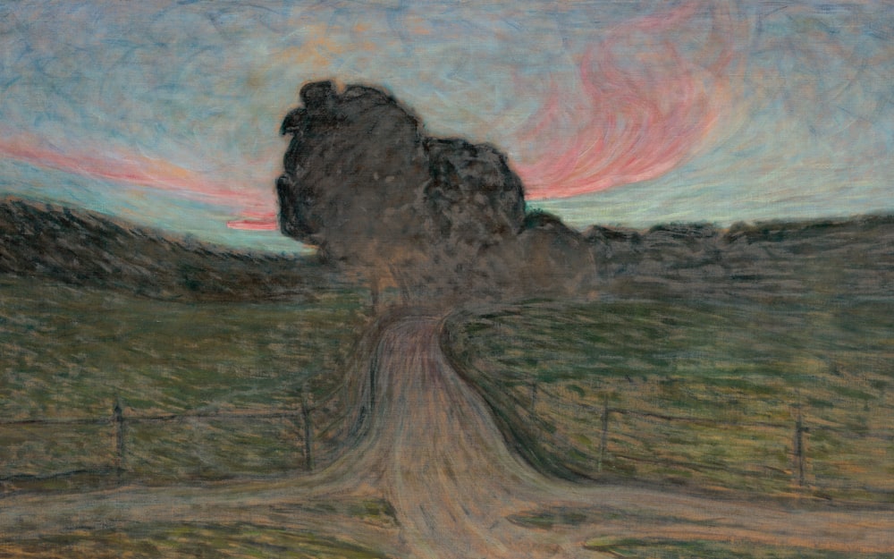 a drawing of a dirt road with a large rock in the background