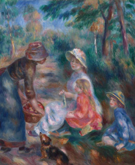 a painting of a group of people and a dog
