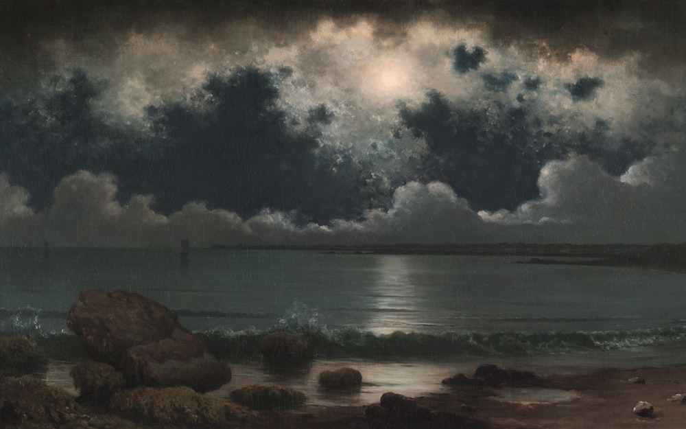 a painting of clouds over a body of water