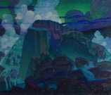 A captivating, stylized painting showcasing a rocky landscape with prominent cliffs, waterfalls, and billowing clouds. The scene is vividly colored with a blend of greens, blues, and purples, and features abstract shapes and textures.