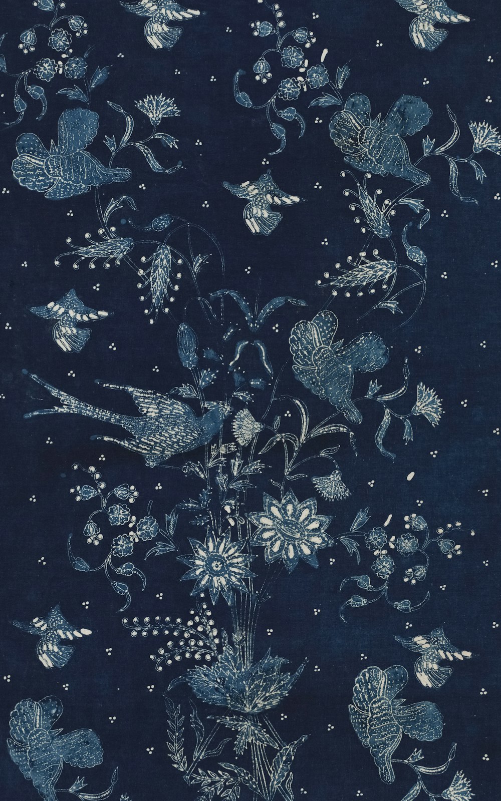 a painting of flowers and birds on a blue background
