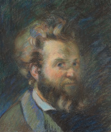 A pastel portrait of a bearded man with an intense gaze. His hair is styled in a voluminous manner, and the background features swirling dark blues and greens, adding depth and movement to the composition.
