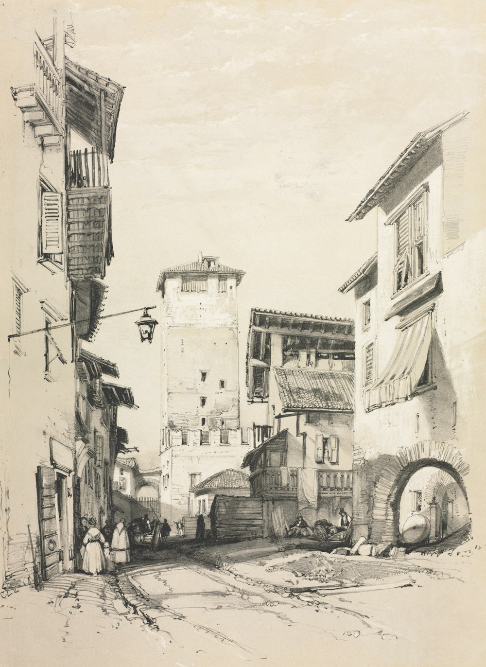 a drawing of a city street with buildings