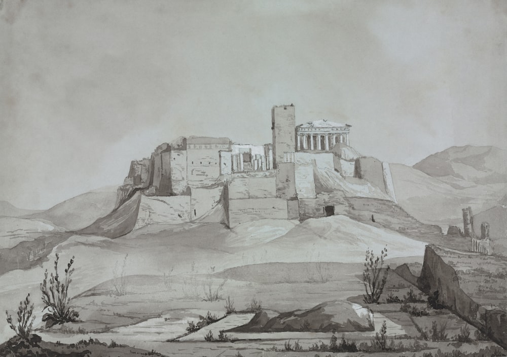 a drawing of a castle on top of a mountain