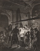 A group of people are gathered around a glowing furnace in what appears to be a blacksmith's workshop. The scene is set in a dimly lit space, with an arched stone wall, a thatched roof, and various tools and horses visible in the background. The interaction among the figures conveys a sense of focus and collaboration as they engage in crafting or metalwork.