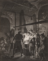 A group of people are gathered around a glowing furnace in what appears to be a blacksmith's workshop. The scene is set in a dimly lit space, with an arched stone wall, a thatched roof, and various tools and horses visible in the background. The interaction among the figures conveys a sense of focus and collaboration as they engage in crafting or metalwork.