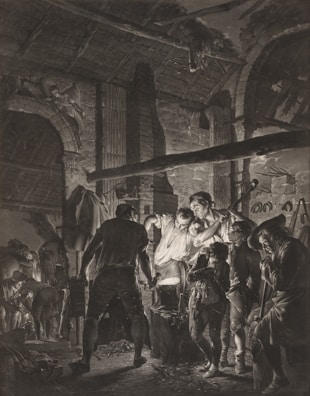 A group of people are gathered around a glowing furnace in what appears to be a blacksmith's workshop. The scene is set in a dimly lit space, with an arched stone wall, a thatched roof, and various tools and horses visible in the background. The interaction among the figures conveys a sense of focus and collaboration as they engage in crafting or metalwork.