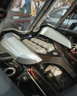 A detailed view of a car engine with metallic components and a protective mesh over it. The engine has the brand name Porsche visible on it. The background shows a crowd of people and part of a car's body, slightly blurred.