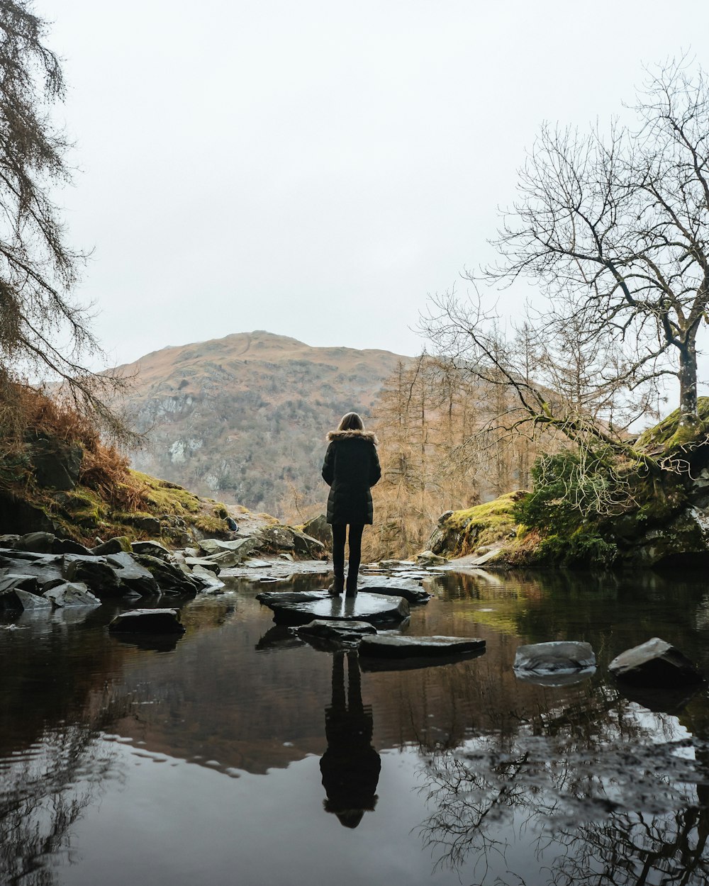 a person standing on a rock in the middle of a river