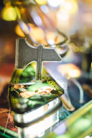 A custom pin cover featuring a customer's unique pinball-themed artwork.