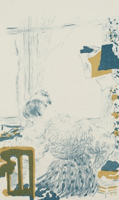 A delicate sketch of a person sitting in a cozy chair next to a window, possibly reading. The use of soft lines and muted colors creates a serene and intimate atmosphere. Furniture and elements in the room are depicted with minimalistic artistic flair.
